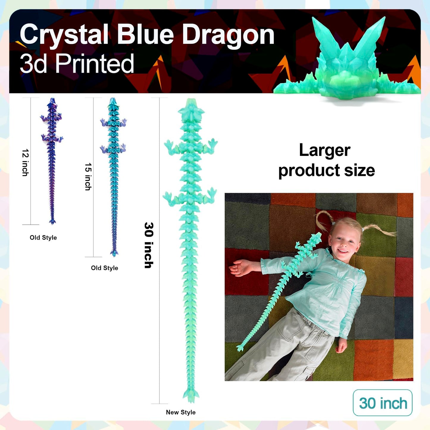 Rwsefk 30 In 3D Printed Dragon, 30Inch Dragon,3D Dragon Toy,Large Dragon Present,Ariculated Crystal Dragon (Gradient Blue-Green,