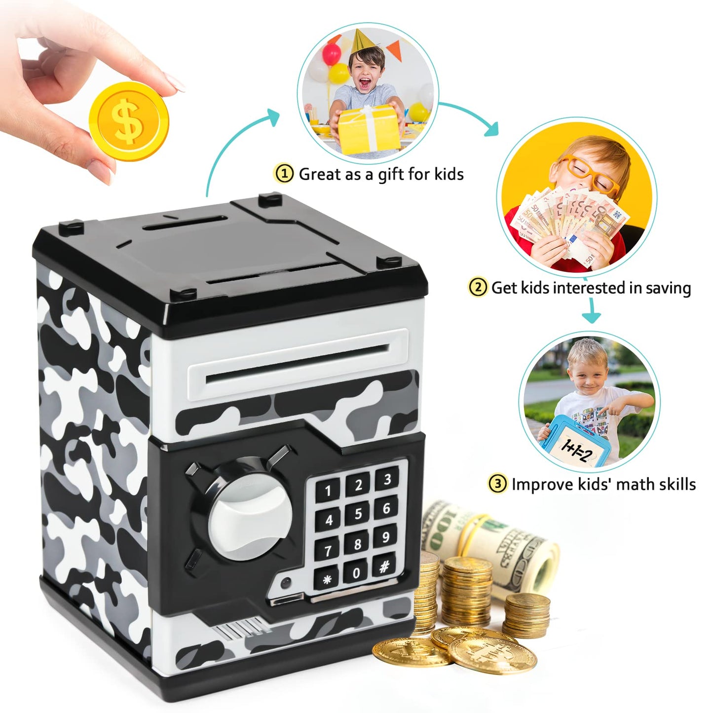 Atm Piggy Bank For Boys Girls, Vcertcpl Mini Atm Coin Bank Money Saving Box With Password, Kids Safe Money Jar For Adults With Auto Grab Bill Slot, Great Gift Toy Bank For Kids(Camouflage Gray)
