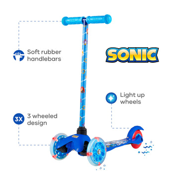 Sakar Sonic The Hedgehog Light Up Self Balancing Scooter For Kids - 3 Wheeled Scooter With Extra Wide Anti-Slip Deck, Rear Brake, Lean To Steer, Lightweight Design, For Boys/Girls 3 & Up, 75 Lb Limit