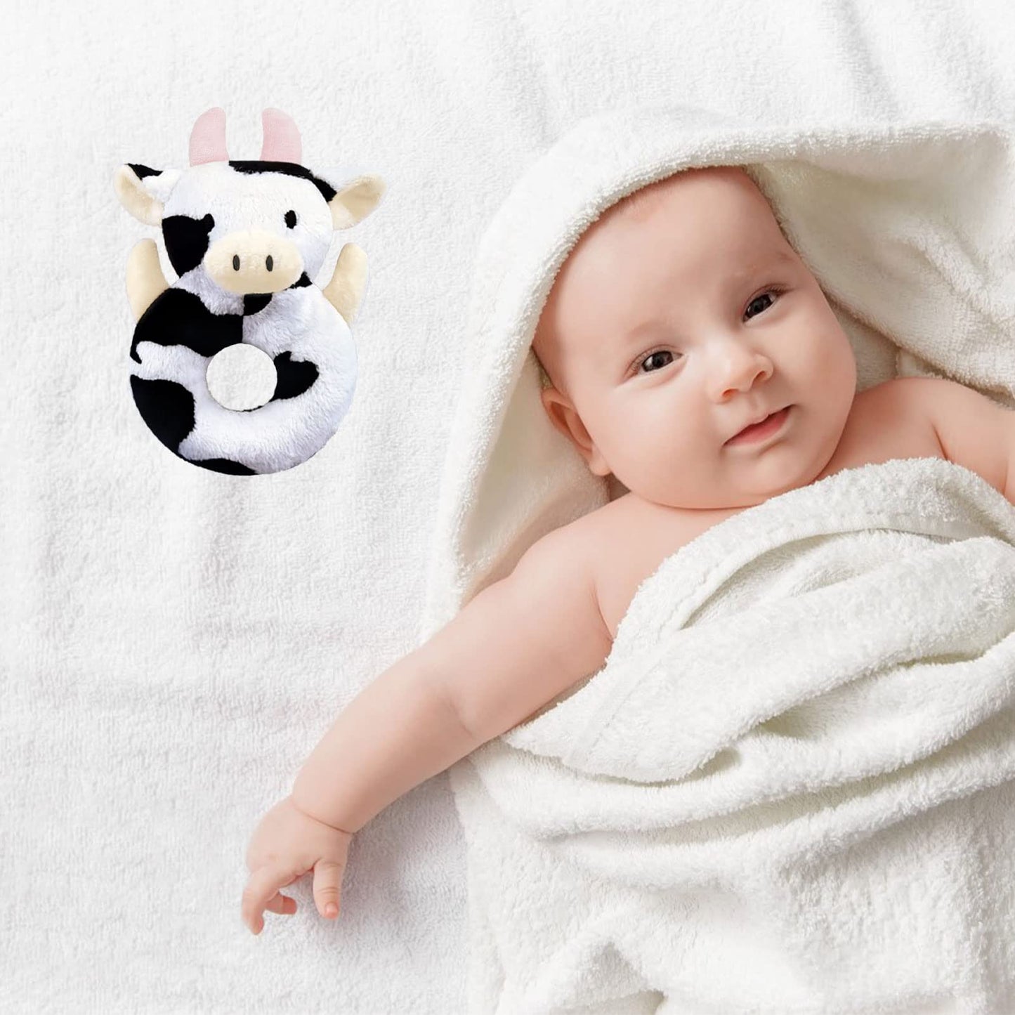 Doindute Baby Cow Soft Rattle Toy, Dairy Cattle Plush Infant Shaker Rattle Easy-Grasp Stuffed Animal Toy, Gifts for Newborns Bab