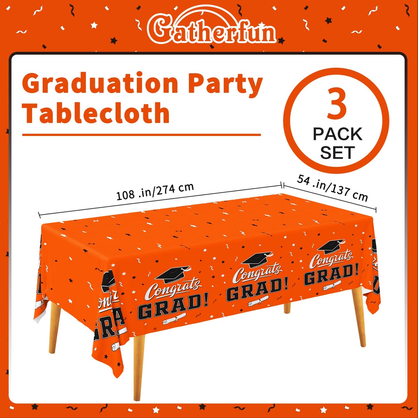 Graduation Party Decorations, Gongrats Grad Tablecover For Graduation Party Supplies, 3 Pcs Orange Table Cloths, 54''X108''