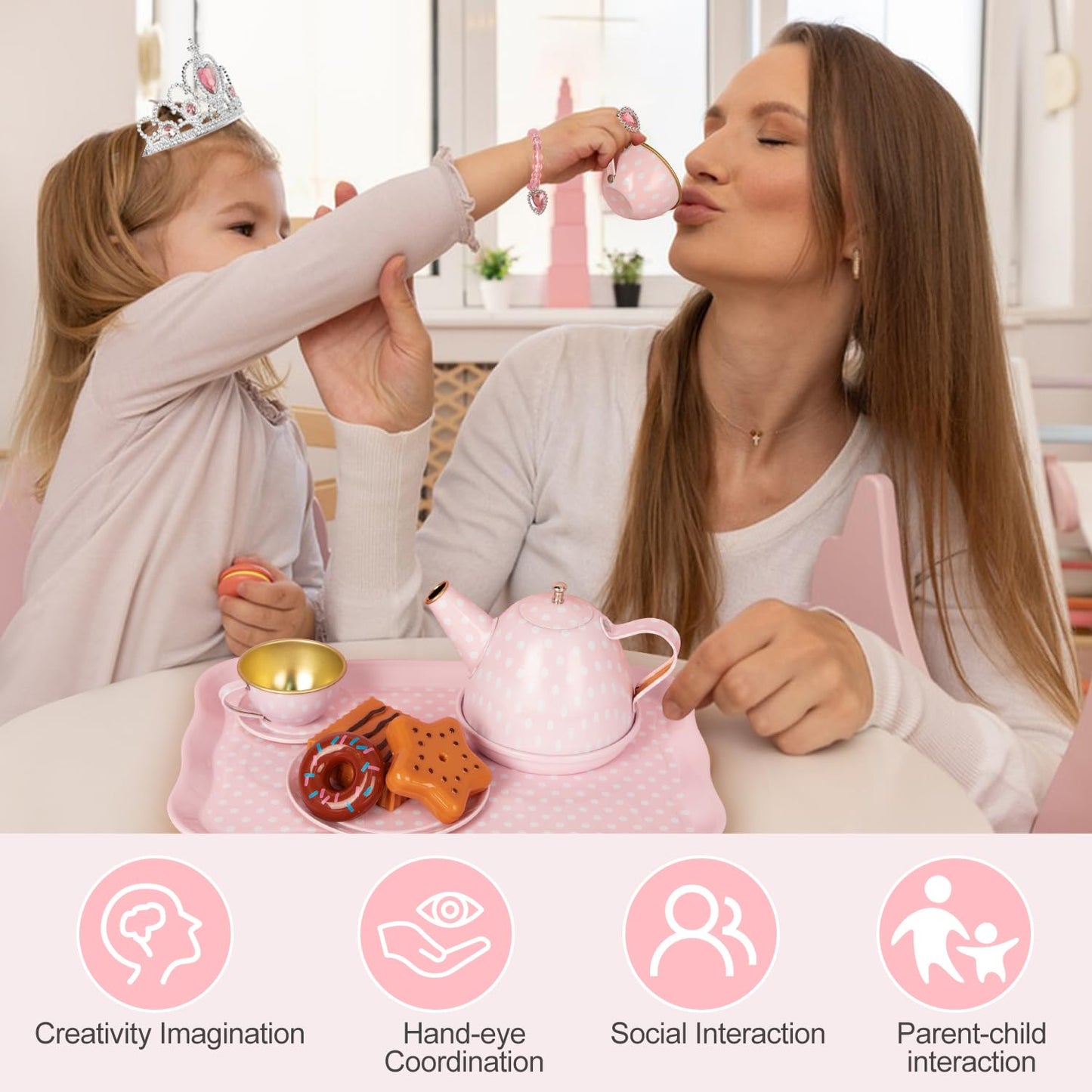 Tea Party Set for Little Girls, 49PCS Princess Tea Time Toys Including Tea Set Dessert Carrying Case, Kids Kitchen Pretend Plays