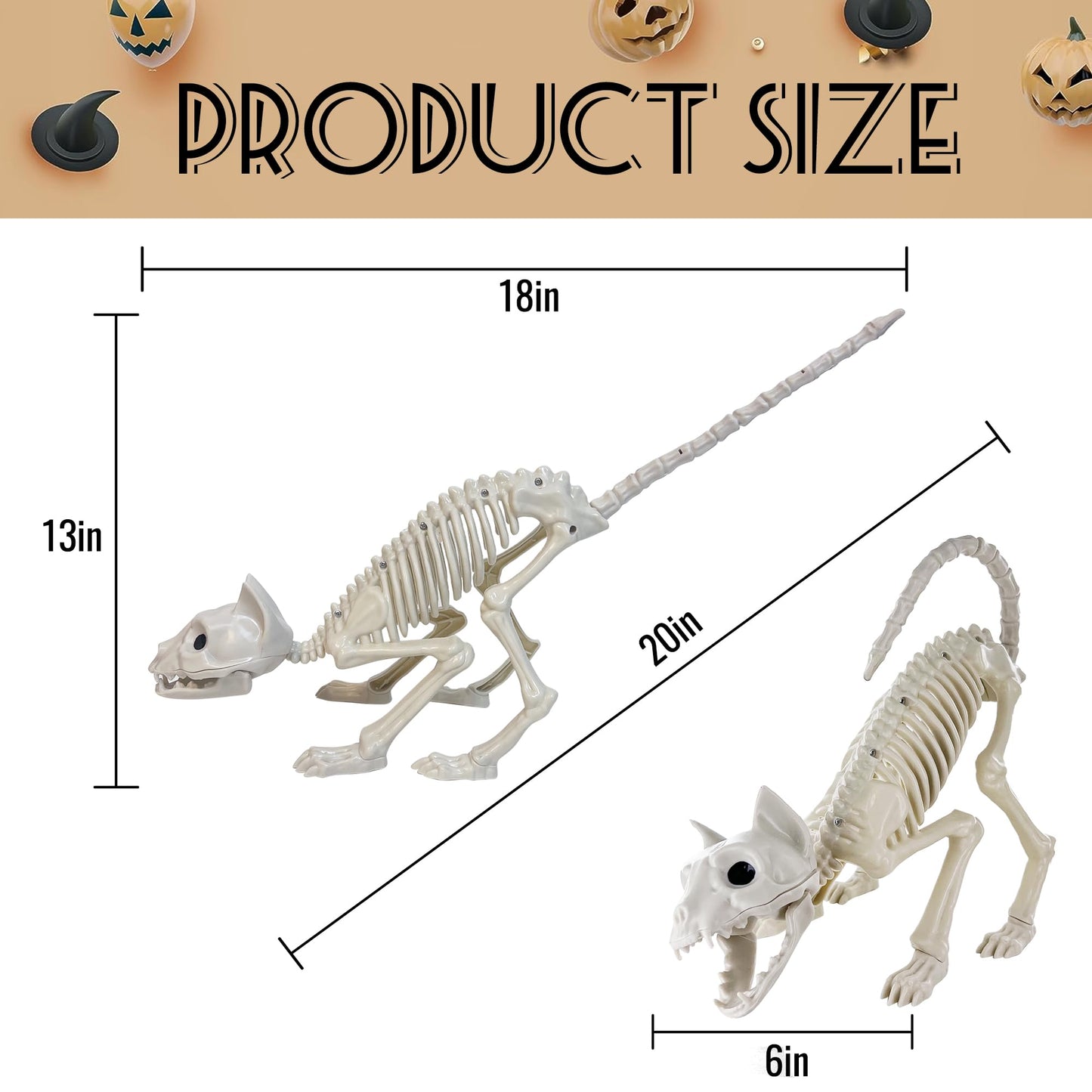 Giftexpress 2 Pack Real Size Cat Skeleton - 20'' Long Creepy Kitten Skeletons With Posable Tail Halloween Decor - Indoor & Outdo