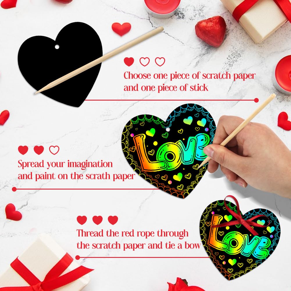 MDCGFOD 50 Pack Valentines Day Gifts for Kids, Rainbow Scratch Heart Crads Valentine Crafts for Kids - Create Magic Color Scratc