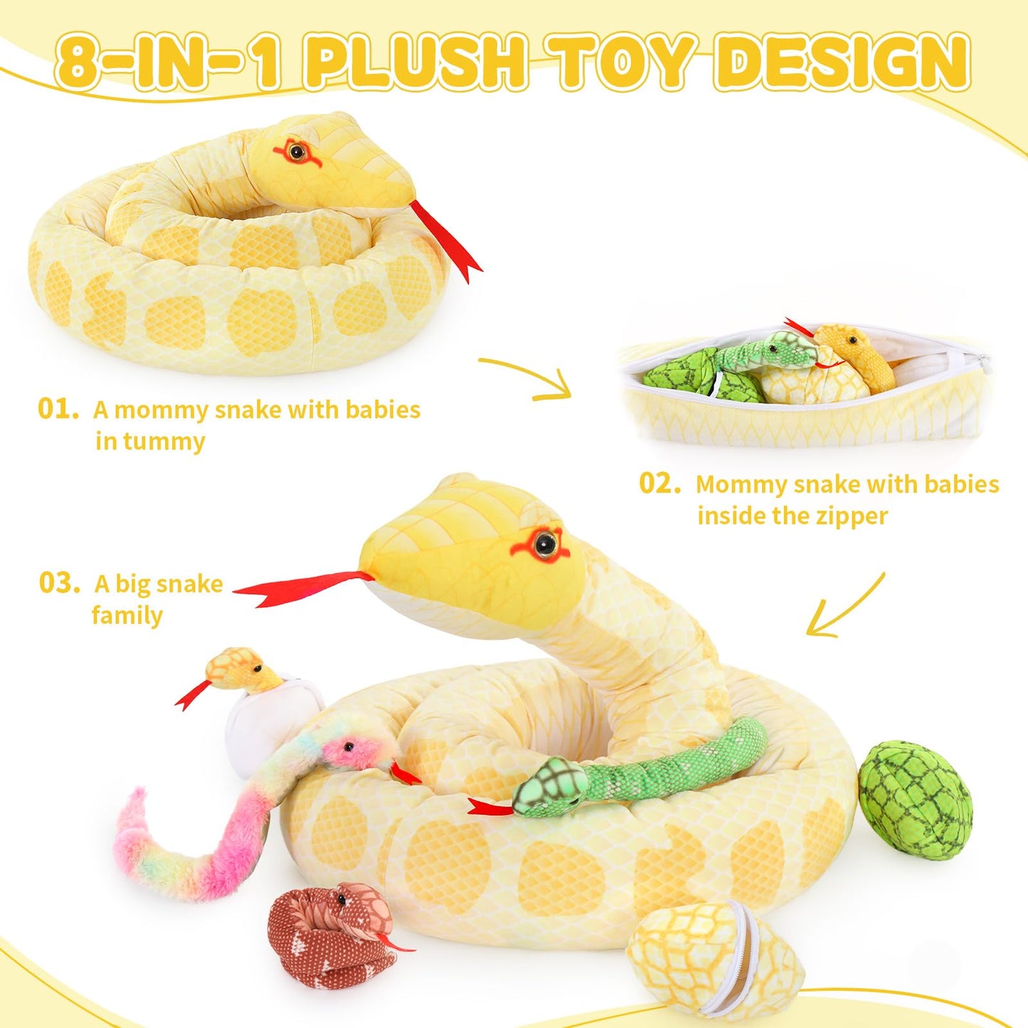 Maogolan Giant Snake Stuffed Animal, Realistic Large Mommy With 4 Babies & 2 Eggs Snakes Plush Toy, 118 ' ' Long Yellow Boa Cons