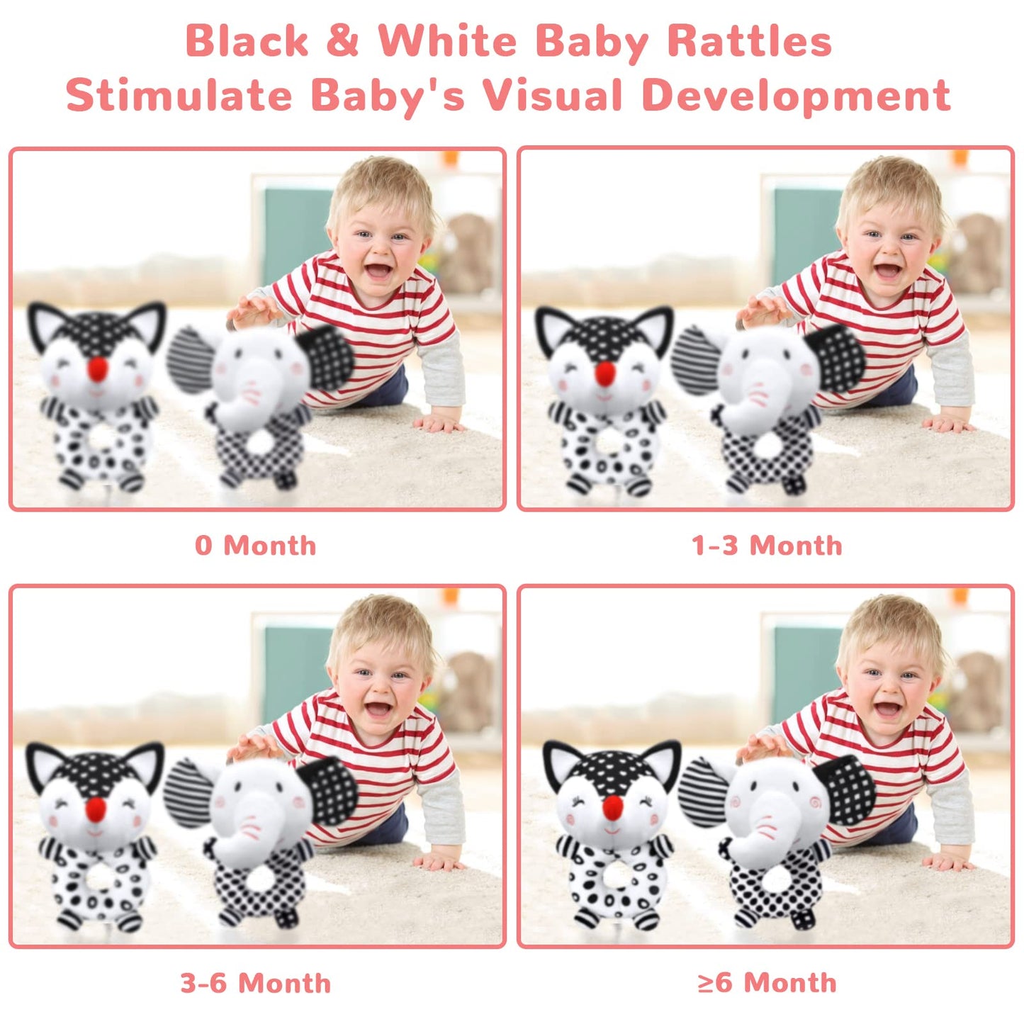 Baby Rattles 0-6 Months Newborn Toys Baby Toys 0-6 Months Rattles For Babies 0-6 Months Infant Toys 0-3 Months, Black & White High Contrast Baby Toys Plush Stuffed Toys For 0 3 6 9 12 Months Girl Boy