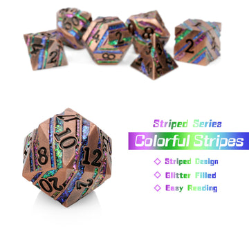 Stripe Metal Dice,DNDND Metallic Glitter Stripes DND Dice with Gift Metal Box for Dungeons and Dragons Tabletop Game (Colorful S