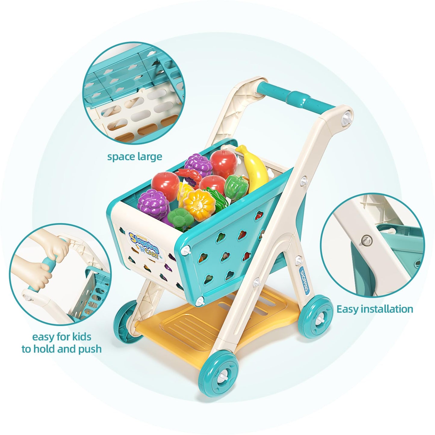 Jovow 98Pcs Kids Shopping Cart Trolley Play Set With Pretend Food And Accessories,Perfect For Ages 3+ Pretend Play And Role-Play