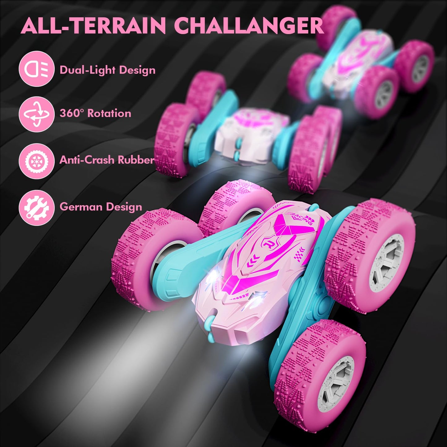 Remote Control Car for Girls, RC Cars with Headlights Double-Sided Driving 360 Flips Rotating for Kids Ages 4-7 8-12 Year Old, R