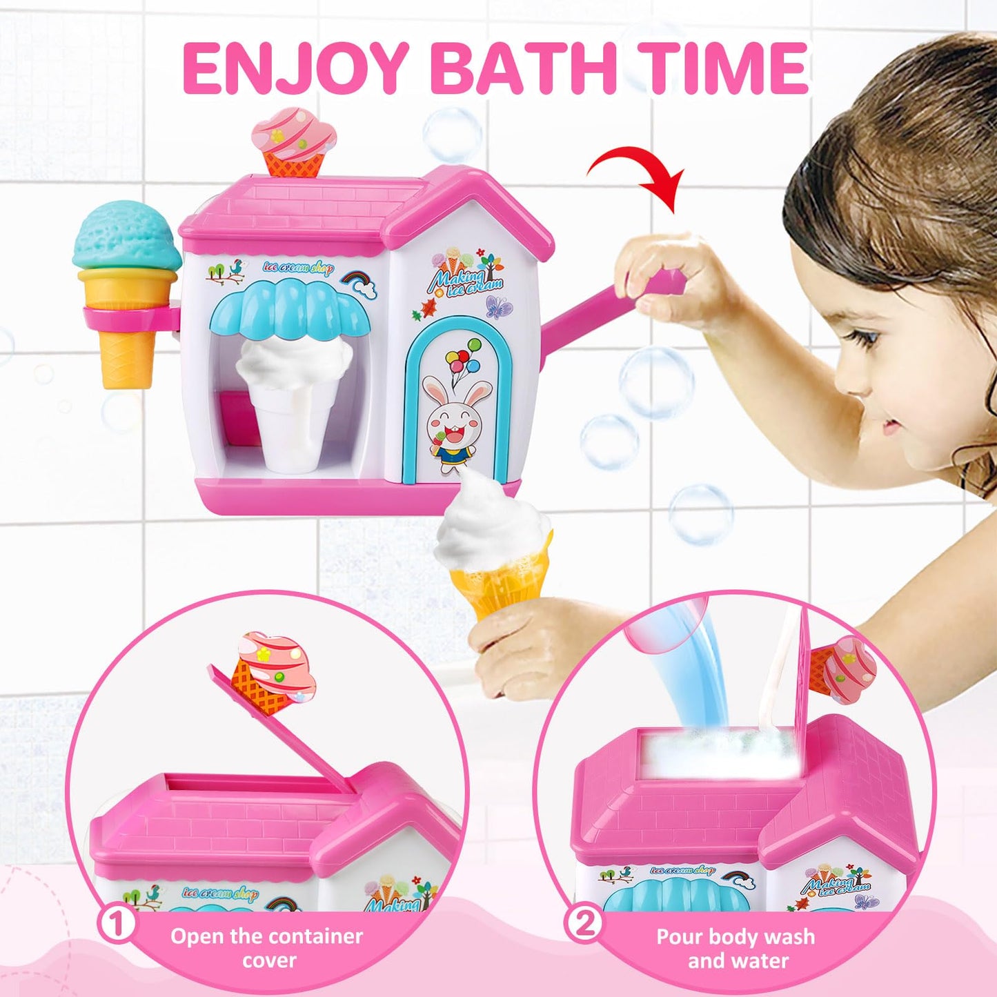 Gretex Toddler Bath Toys For 3 4 5 6 7 8 Years Old Girls, Bubble Ice Cream Maker Bath Toy, Shower Toys, Toddler Bath Toys Age 2-