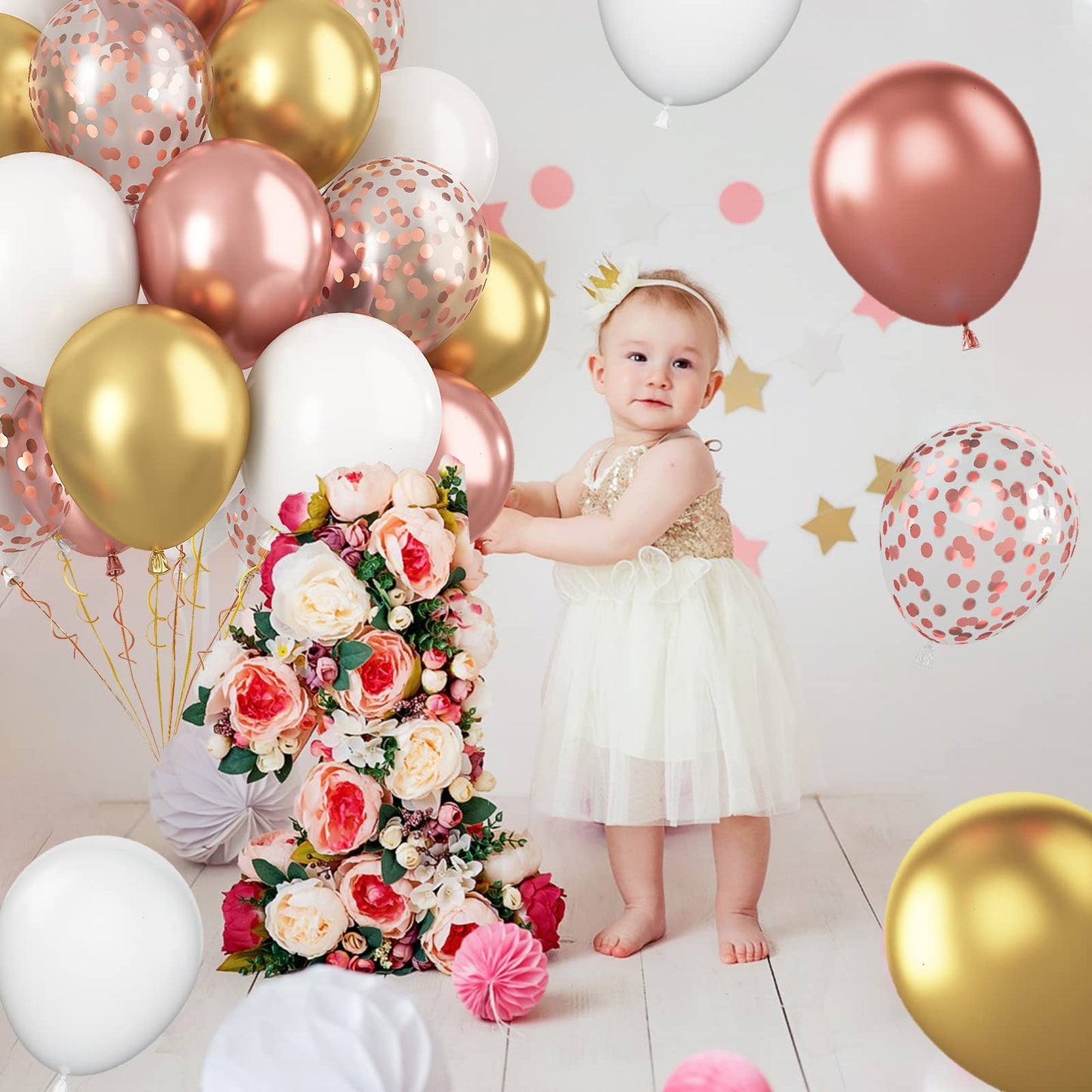 Paready Rose Gold And White Latex Balloons, 60 Pcs 12 Inch Metallic Gold Confetti Balloons With Ribbons For Birthday Party Baby