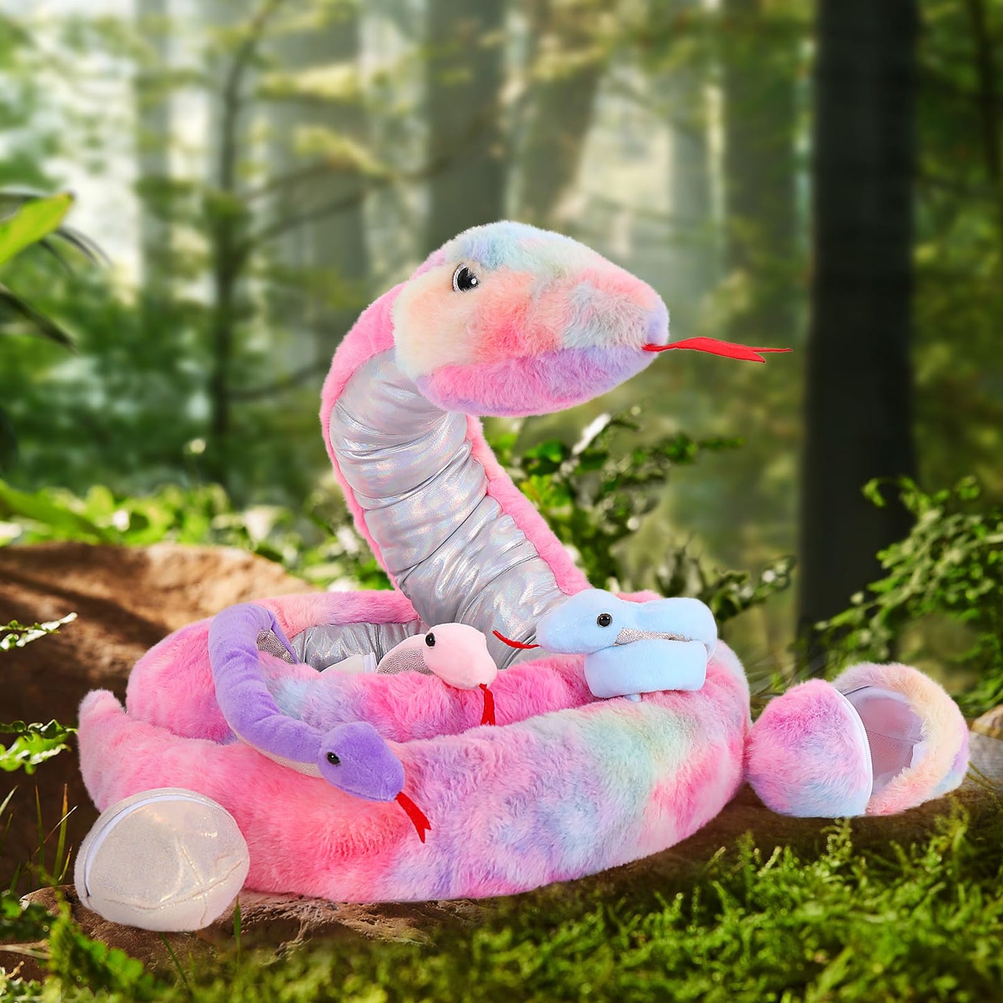 Maogolan Giant Snake Stuffed Animal, Realistic Large Mommy With 3 Babies & 3 Eggs Snakes Plush Toy, 79'' Long Rainbow Boa Constrictor Gift For Boys Girls Kids