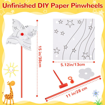 100 Pcs DIY Pinwheels Craft White Blank Paper Pinwheels Patriotic Craft Bulk Spring Summer Graffiti Art Kit for Kids Fun Activit