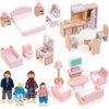 Kizfarm Wooden Dollhouse Furniture Set With 4 Family Dolls, 26 Pcs Pretend Play Dollhouse Accessories For 4 Rooms, Pink Furnitur