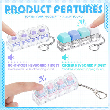 Halloscume 4 Pcs Light Sound Keyboard mature-themed Fidget Toy Clicker Toy 4-in-1 Keyboard Fidget Keychain Cube Mechanical Key Button Clicker Stress Relief Gift for Office School Home (Clear Colors)
