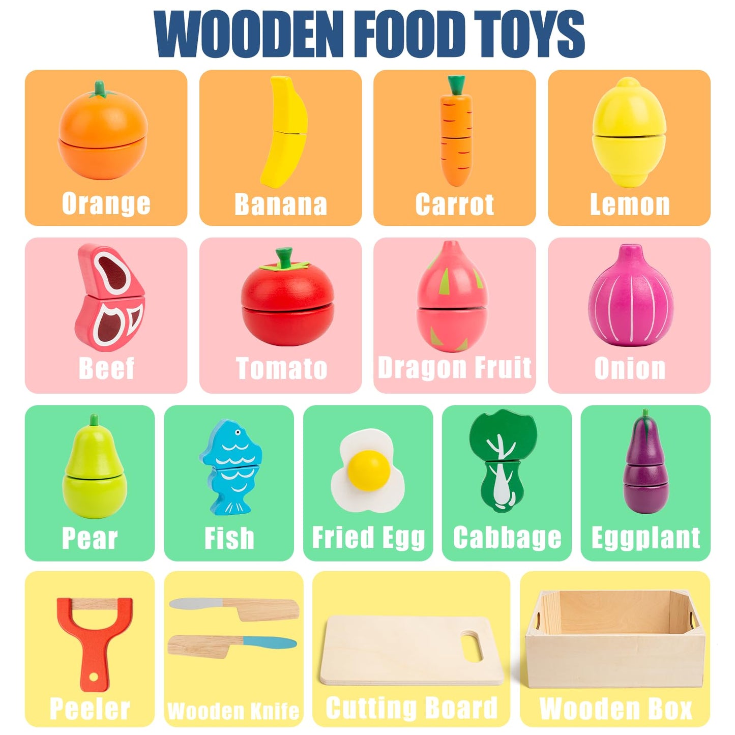 32 Pcs Wooden Play Food Sets for Kids Kitchen Accessories, Montessori Educational Toys Food, Pretend Play Food for Toddlers, Vel
