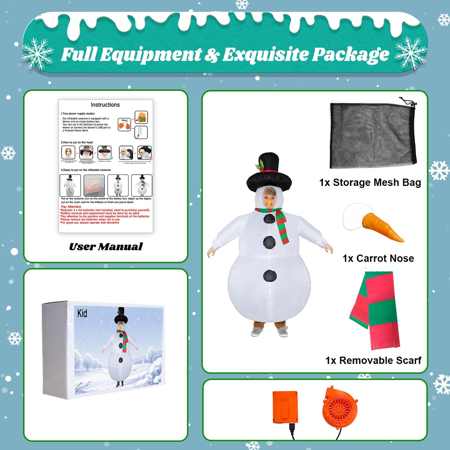 Stegosaurus Inflatable Snowman Costume for Kids - Funny Blow Up Christmas Cosplay - One Size - Polyester - Kid Snowman