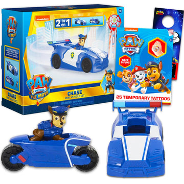 Paw Patrol Chase Mini Movie Vehicle Set - 4 Pc Bundle With 2-In-1 Toy Car, Action Figures, Tattoos And More | Toys For Kids