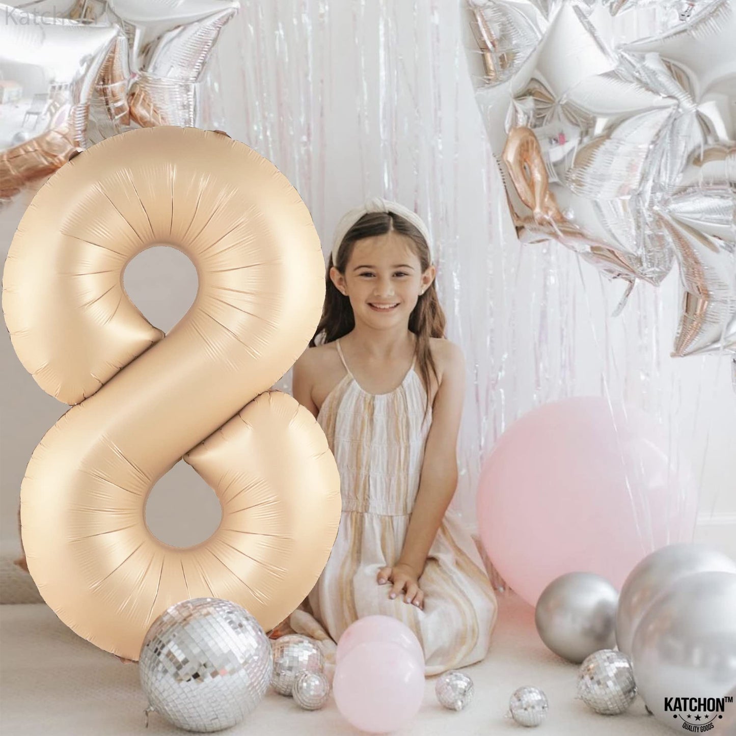Katchon, Huge Caramel Number 8 Balloon - 40 Inch | Number 8 Balloons For Retro Party Decor | Eight Balloon Number | Neutral Party Decorations | Big 8 Balloon Number, 8Th Birthday Decorations For Girls