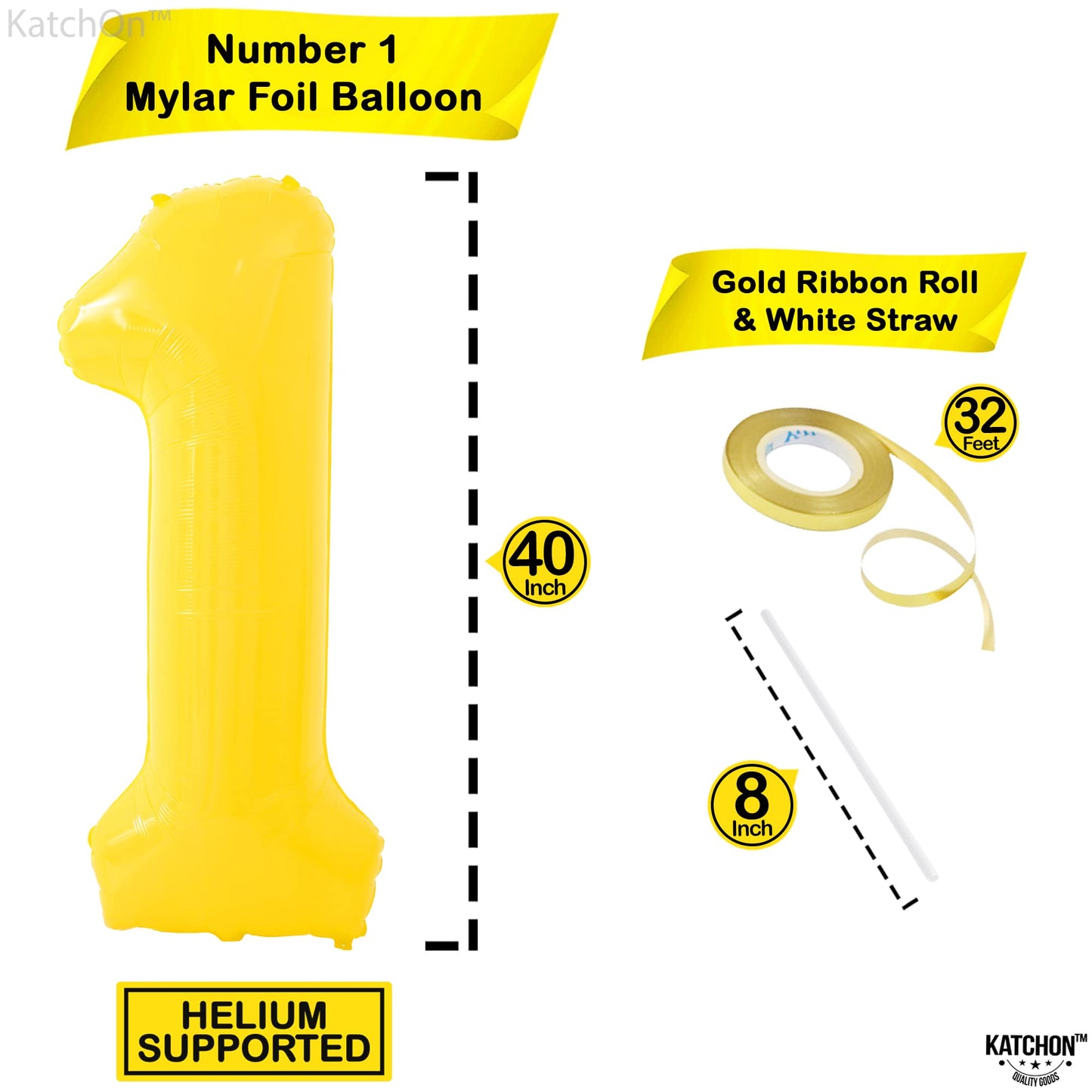 Katchon, Yellow 1 Balloon Number - 40 Inch, Helium Supported | Yellow One Balloon For First Birthday | Number 1 Balloons For 1St Birthday Party