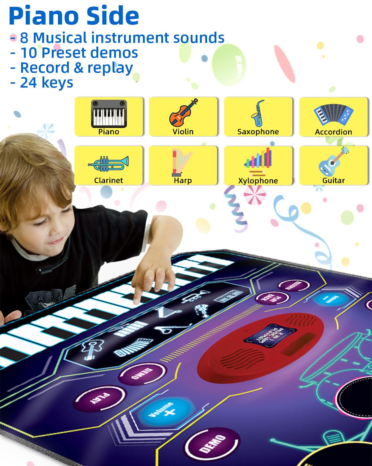 Sunlin 2-In-1 Music Jam Mat, Music Learning Toy For Boys Girls 3-6, Drum Set + Piano Mat, Toddler Birthday Gift 3 4 5 6 Years, Record & Playback, Built-In Songs, 8 Instrument Sounds, Volume Control