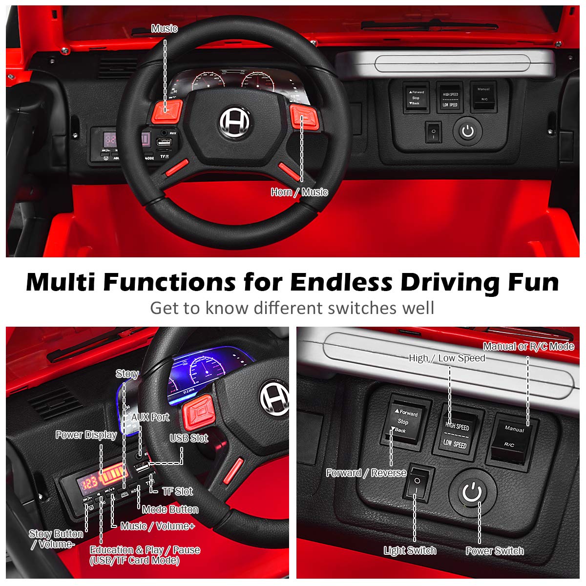 Costzon 2-Seater Ride On Truck, 12V Battery Powered Electric Vehicle Toy W/Remote Control, 3 Speed, Led Lights, Mp3, Horn, Music, 2 Doors Open, Spring Suspension, Ride On Car For Kids (Red)