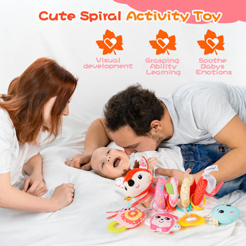 Car Seat Toys, Cute Deer Car Seat Toys For Babies 0-6 Months Boy, Stroller Toys With Crinkle, Teether, Music Box, Rattle, Bb Squ