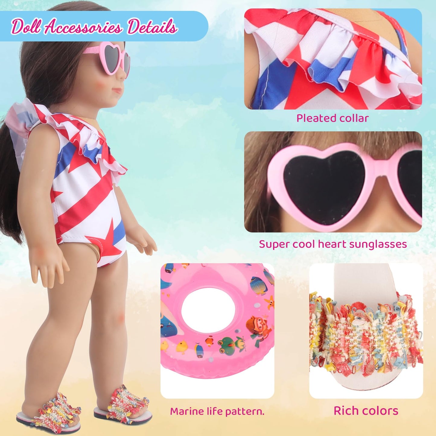 Msyo 18 Inch Doll Summer Outfits Set, Vibrant Doll Swimming Playset For American Doll Girls, Includes Doll Bikini Swimsuits, Heart-Shaped Sunglasses, Goggles, Sandals And Inflated Swimming Ring