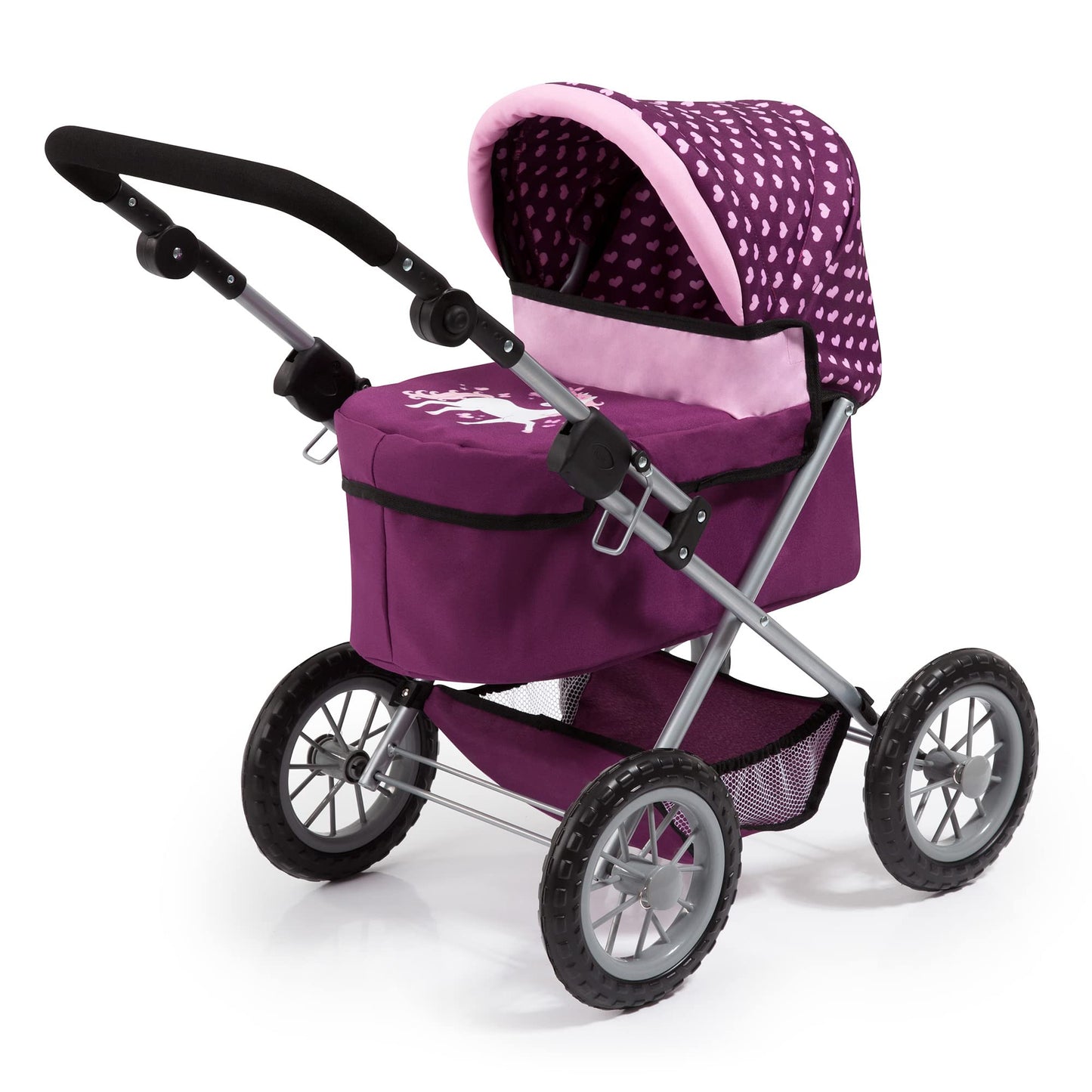 Bayer Design Dolls: Trendy Pram - Burgundy, Pink, Hearts - Includes Shoulder Bag, Fits Dolls Up To 18'', Adjustable Handle, Kids
