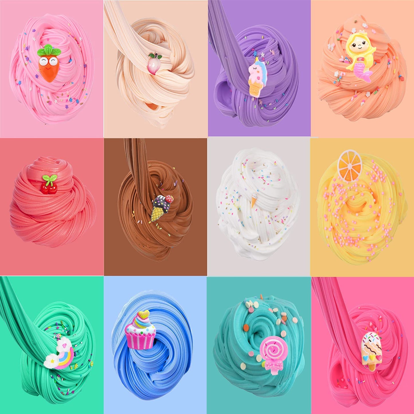12 Pack Butter Slime Kit with Unicorn Fruit Ice Cream Mini Scented Slime Charms Suppulies Party Favors Stress Relief Toy for Girls Boys Non-Sticky & Super Stretchy