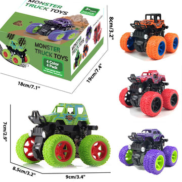 Monster Trucks for Boys, 4 Pack Pull Back Vehicles Cars for Toddlers, 360 Rotation 4 Wheels Drive Durable Friction Cars Powered