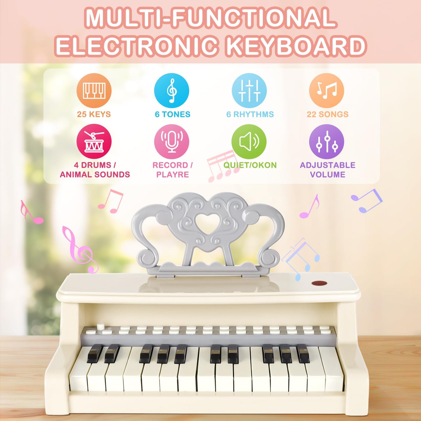 Deao Children'S Piano For Girls, Children'S Musical Piano Keyboard Toys, Electronic Piano Toy With Stool And Microphone, 25 Keys, 22 Songs (White)