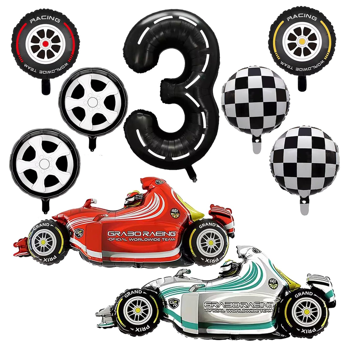 Number 3 Race Car Balloons, 43 Inch Race Car Party Decorations, Wheel Tire Balloons, Black And White Checkered Foil Balloons, Ca