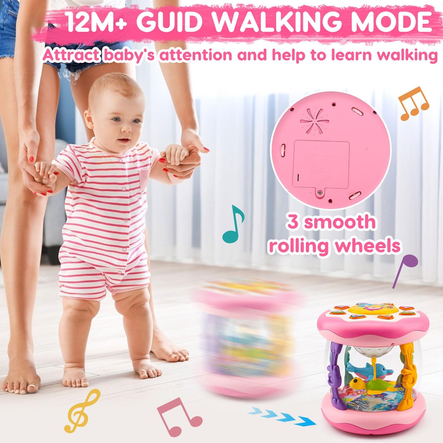 Baby Musical Light Up Toys 0-6 Months Tummy Time Ocean Projector Rotating Infant 0-3 3-6 7 8 9 Months Learning Crawling Pink Toys Babies 6-12 Month Girls 1 2 3 Year Old Birthday Newborn Gifts