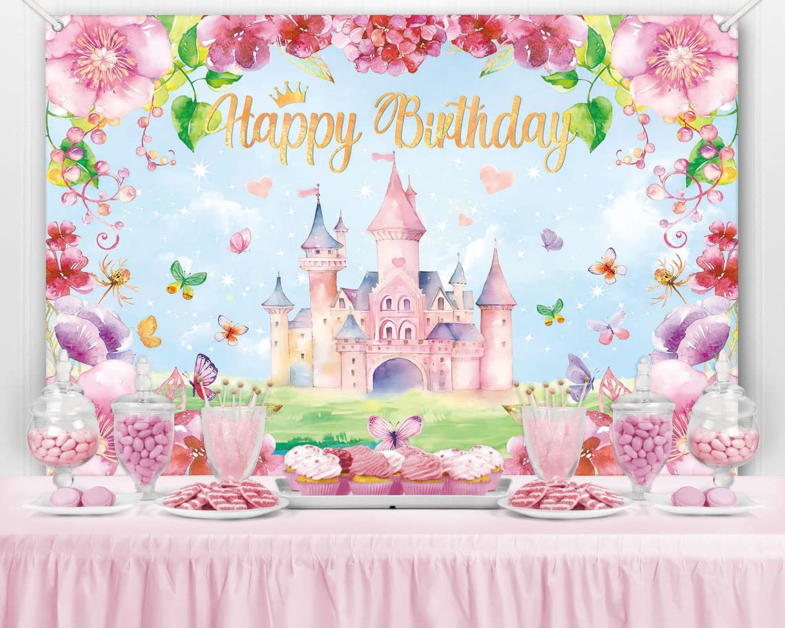 LDWLYW Princess Birthday Backdrop for Girls Pink Princess Castle Happy Birthday Banner Backdrop for Kids Royal Castle Butterfly