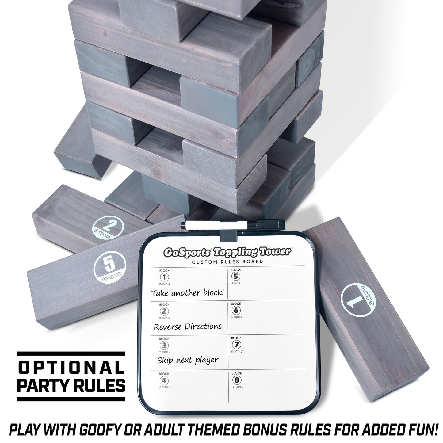 GoSports 5 ft Giant Wooden Toppling Tower - Includes Bonus Rules with Gameboard - Choose Your Style
