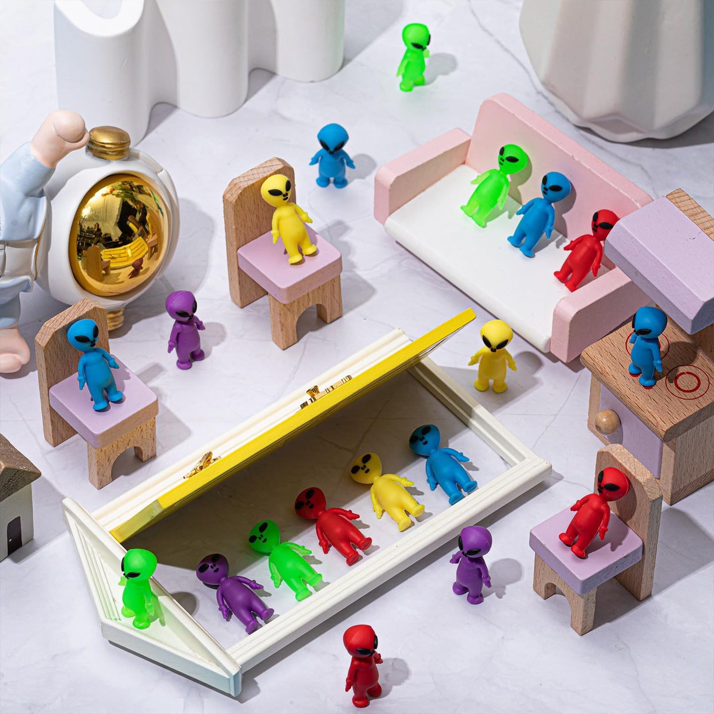 CroBlissful 50 Pcs Mini Alien Figures Bulk Colorful Glow in The Dark Small Little Alien Figurines for Space Party Favors Hide an