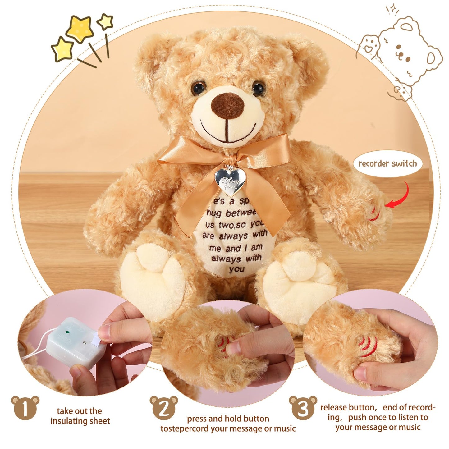 Silipull 12 Inch Bear Stuffed Animals With Voice Recorder Photo Pendant Set Cute Soft Plush Bear Messages Playback Stuffed Anima