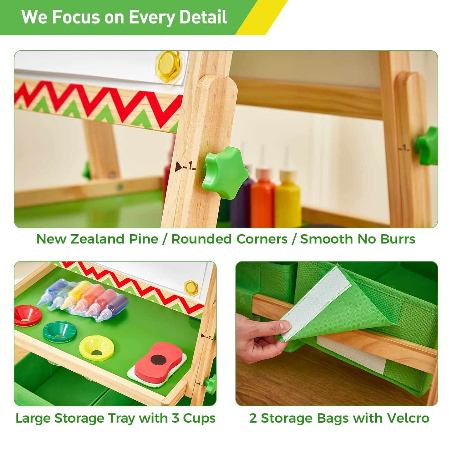 Funlio Anti-Warping Kids Art Easel, 3 Height Adjustable For Kids Aged 2-8, All-In-One Toddler Easel With Paper Roll & Erasable Frame, Standing Easel With Magnetic Chalkboard/Whiteboard (Green)