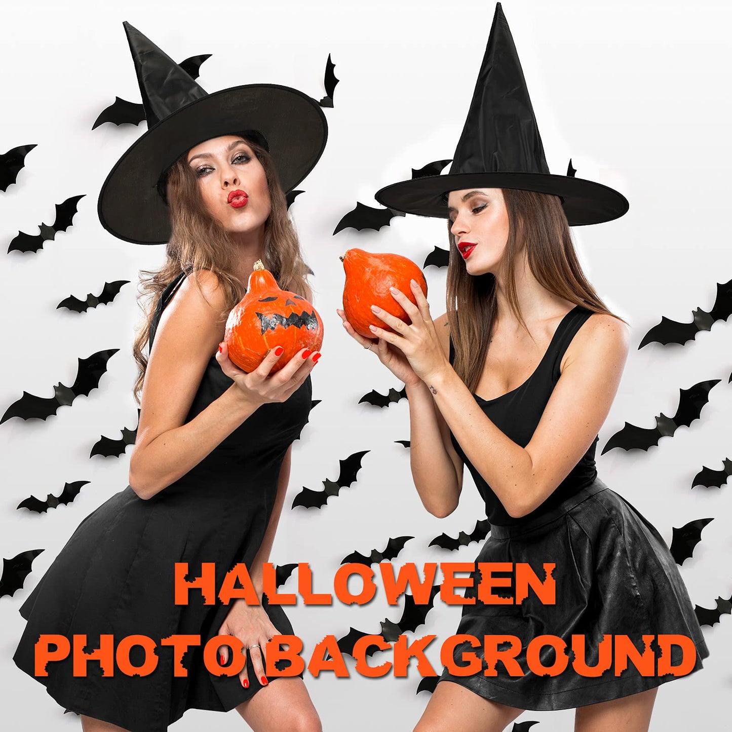 Sumind Halloween Decorations 6 Pcs Hanging Witch Hats With 60 Pcs 3D Bat Spider Stickers, Witch Costume Accessories Floating Witch Hats Halloween Decor(Bats)