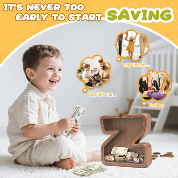 Summidate Wooden Letter Piggy Bank for Kids Girls Boys,Unbreakable Coin Banks for Baby,Personalized Cute Initial Money Banks, Bi