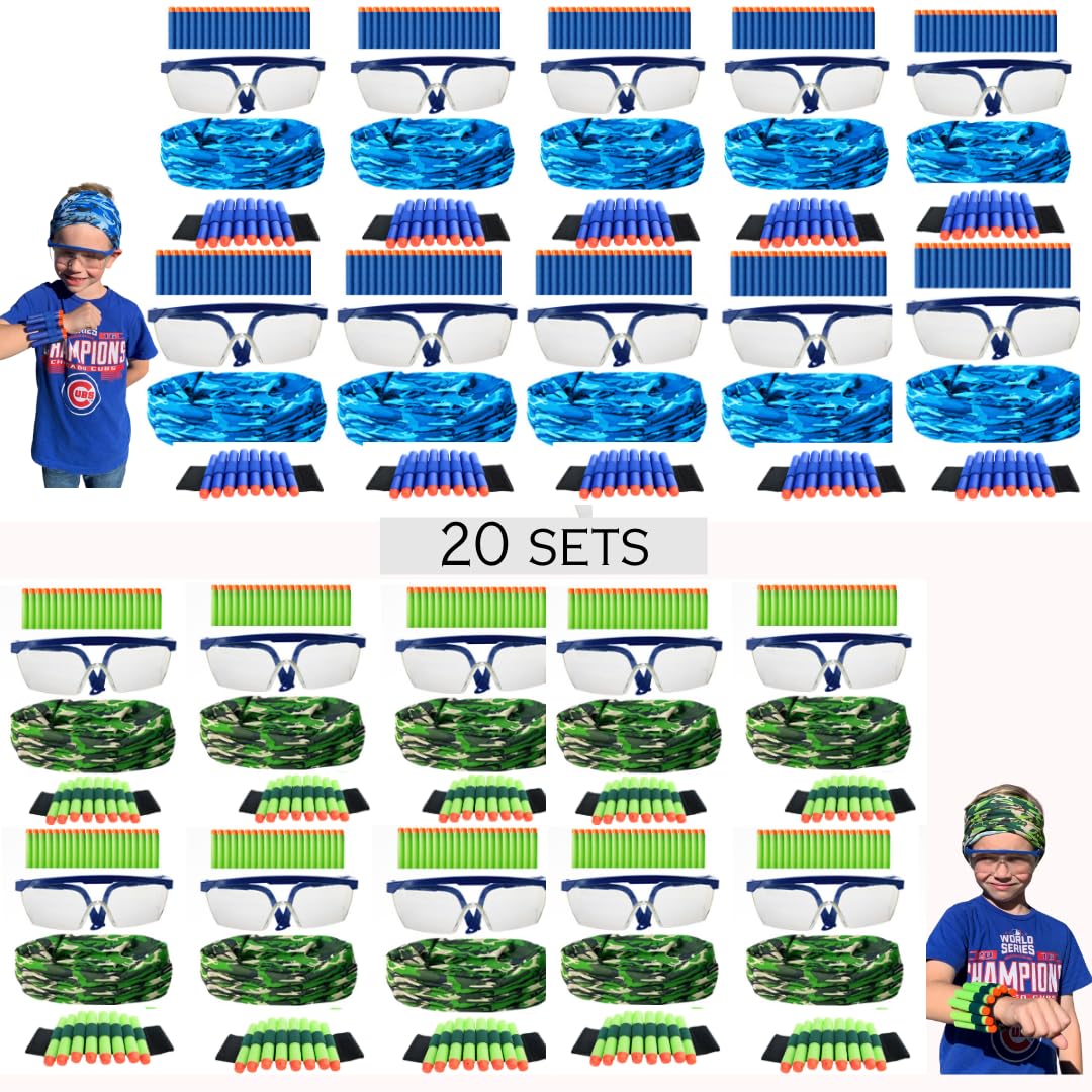 Wishery Accessories For Nerf Party Supplies - 20 Sets. Kids Birthday Favors Bulk Pack With Darts, Glasses, Masks, And Wristbands