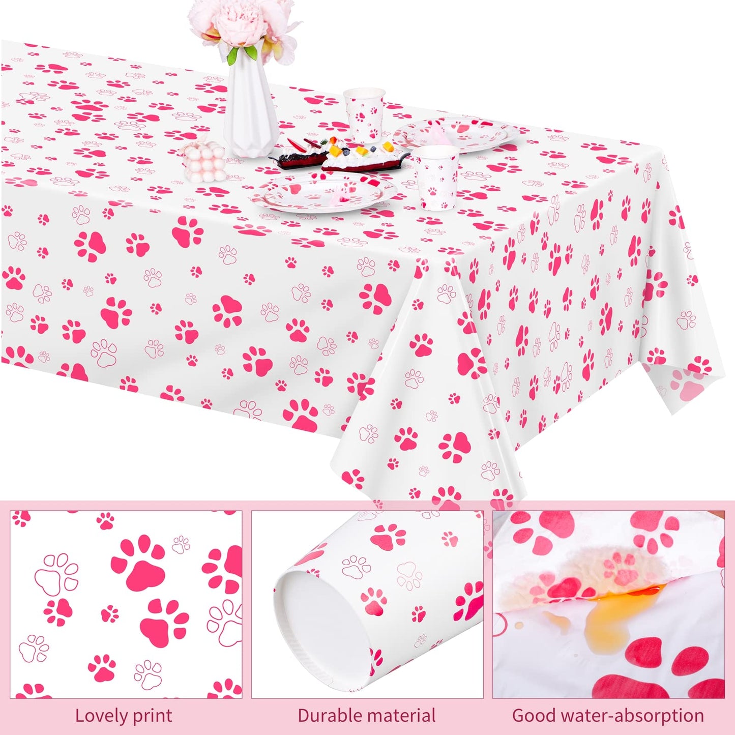 Durony 121 Pieces Pink Paw Print Party Supplies Dog Birthday Tablecloth, Plates, Napkins, Forks And Paper Cups Decorations For P