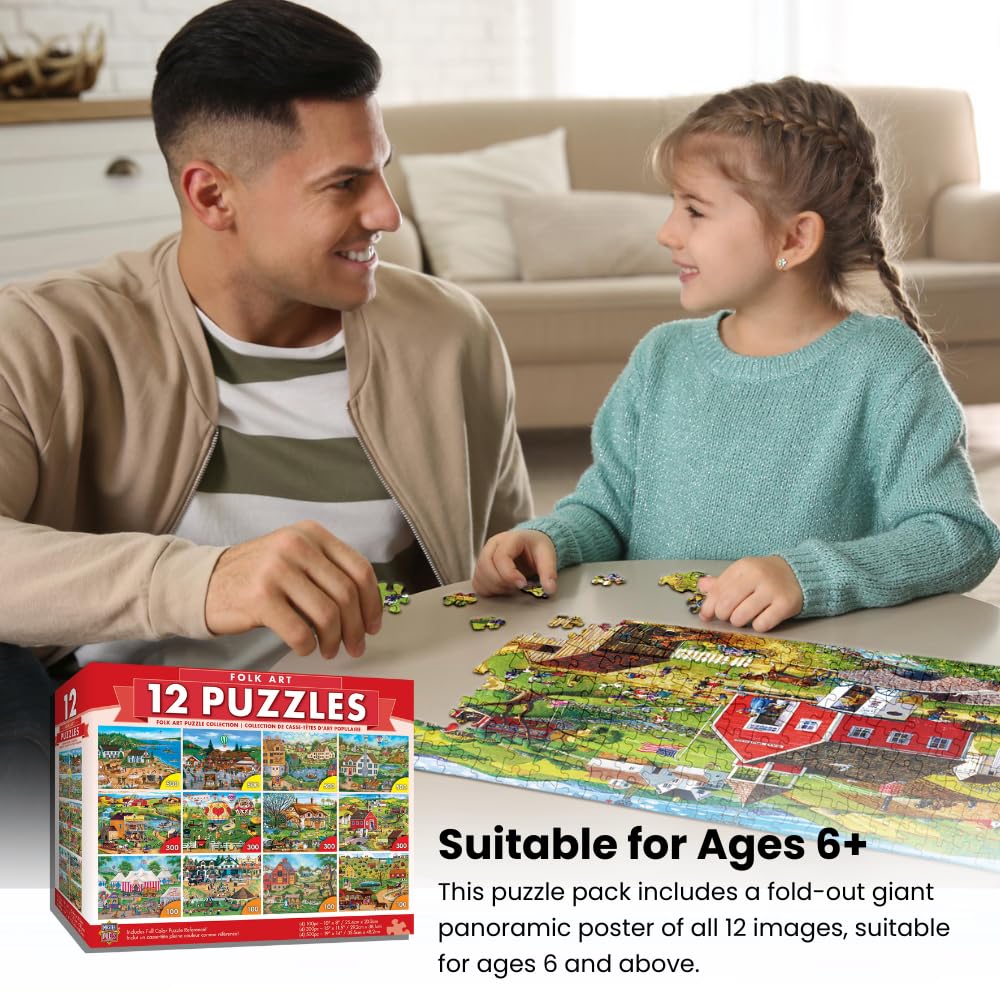 Masterpieces 12 Pack Jigsaw Puzzles For Adults, Family, Or Kids - Folk Art 12-Pack Bundle