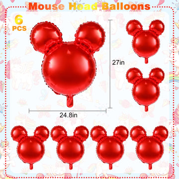 6 Pcs Mouse Head Balloons, 24'' Mouse Mylar Balloon Jumbo Mouse Head Aluminum Foil Balloons For Birthday Party Decorations Baby Shower Supplies Party Favors (Red)