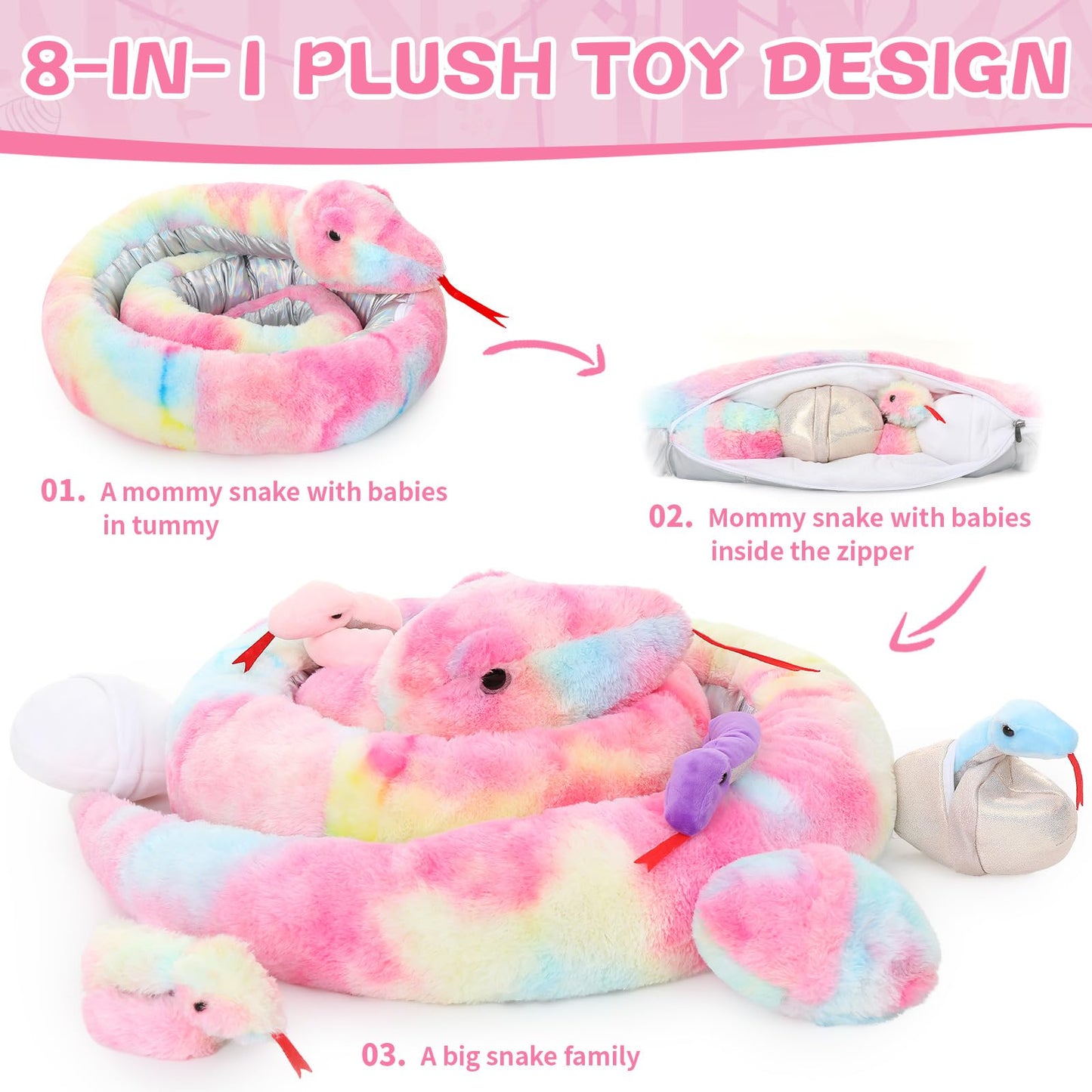 Maogolan 118 Inch Giant Stuffed Snake, Rainbow Snake Stuffed Animal Mommy With 4 Babies & 3 Eggs Plush Toy, Large Boa Constricto