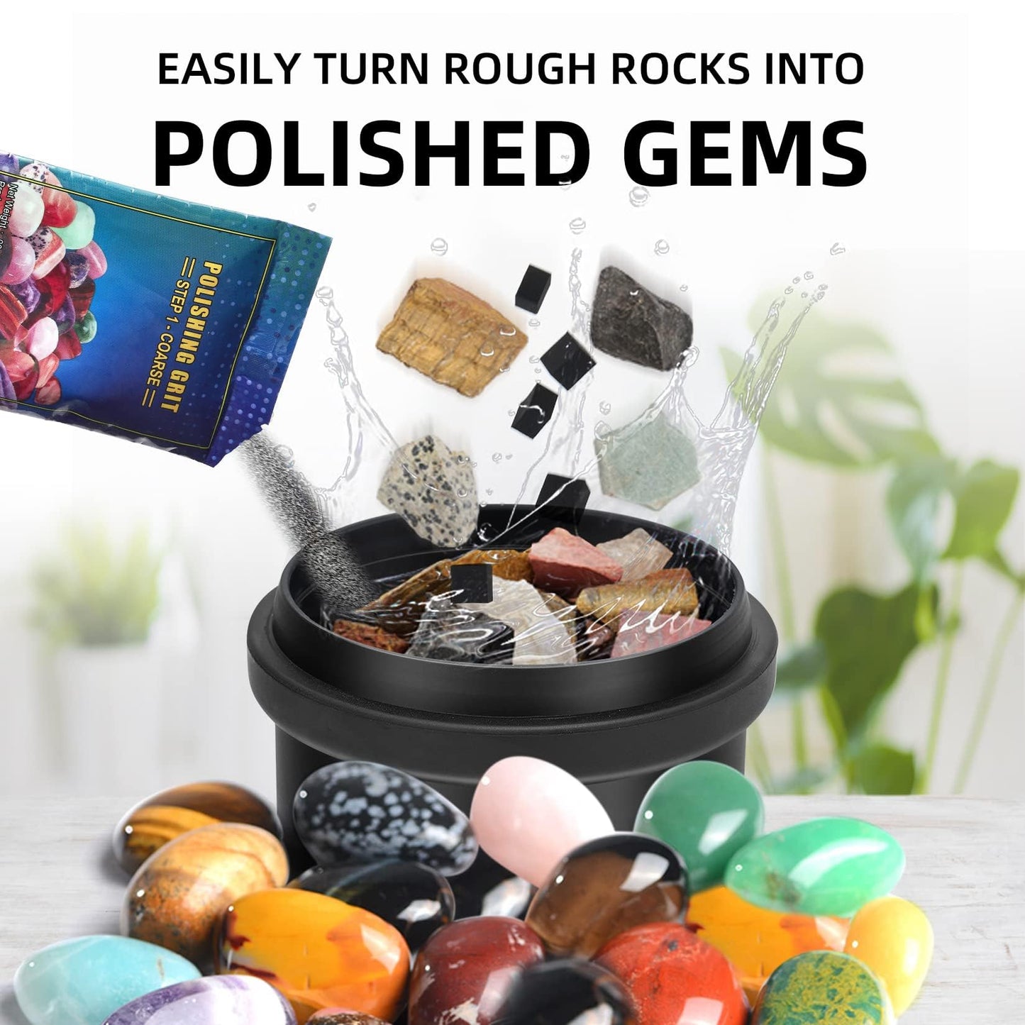 Tryes Rock Tumbler Kit Adults - Rock Polisher Tumbler With Noise Reduction Cover, Speed&Timer Control, Includes 4 Polishing Grits, Rough Gemstones, Learning Guide Etc. (Yellow)