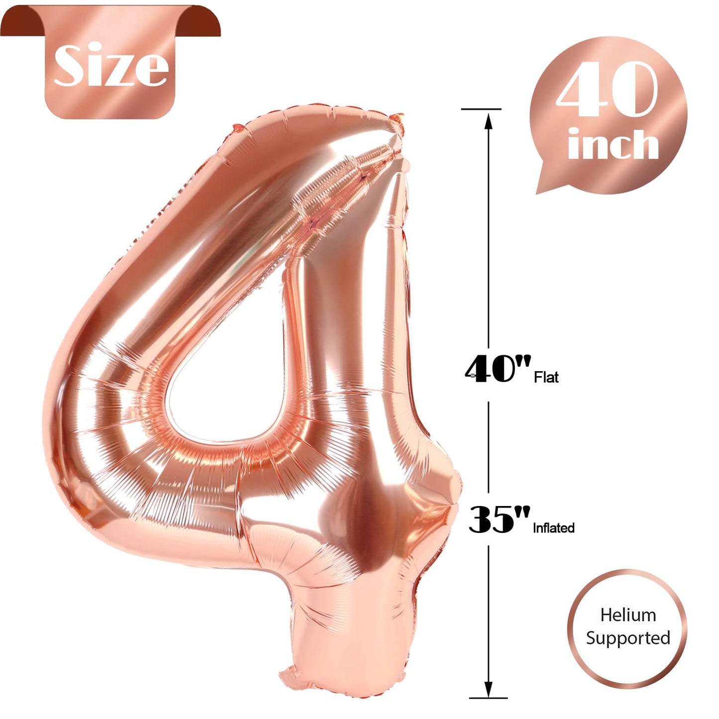 Rose Gold 4 Balloon, Number Balloons 40 Inch, 4Th Birthday Decorations For Girls Boys, Four Large Numbers For Party Decor, Numbe