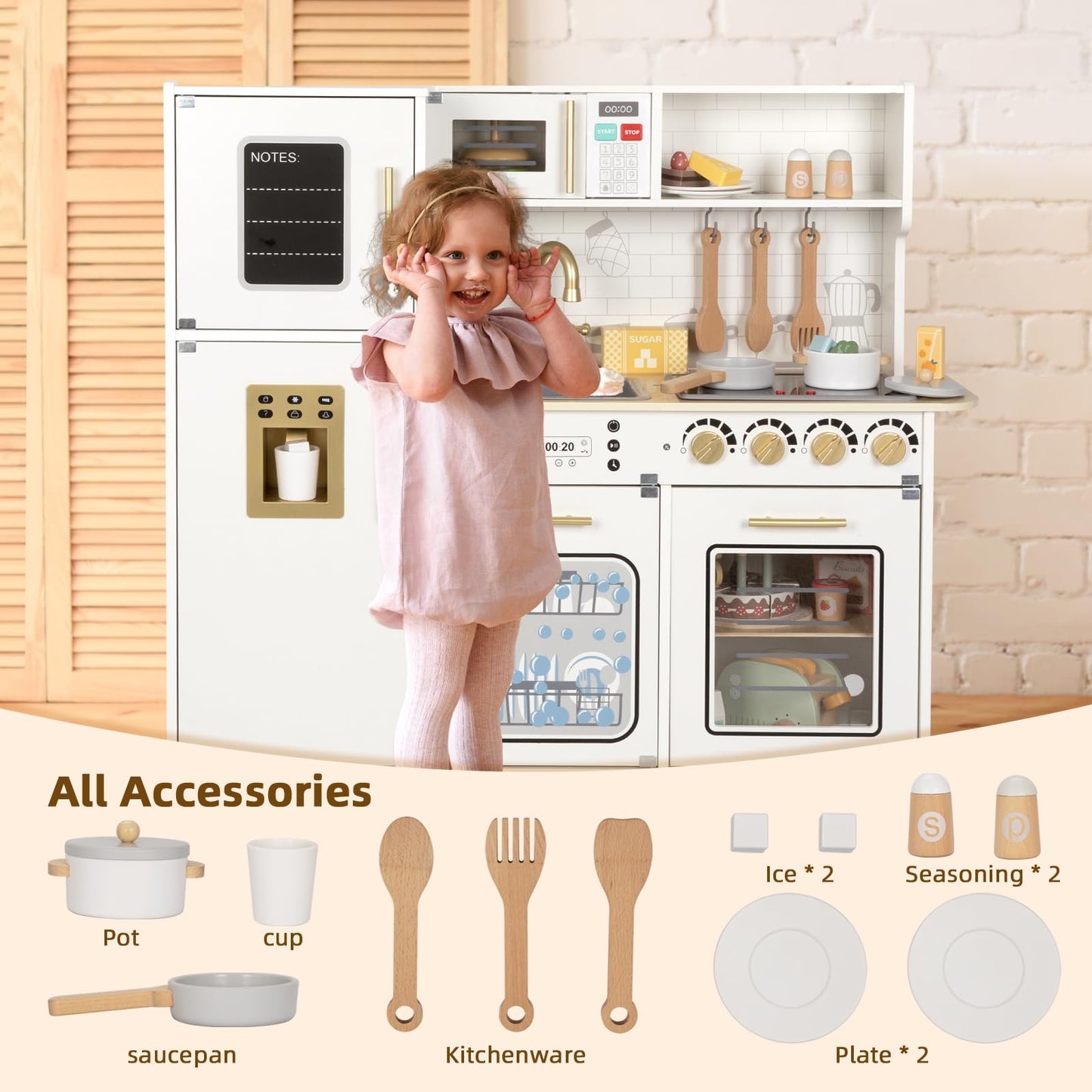 OOOK Wooden Kids Kitchen Playset, Simulated Kids Play Kitchen with Lights and Sounds, Nice Role Play Toy Kitchen with Plenty of