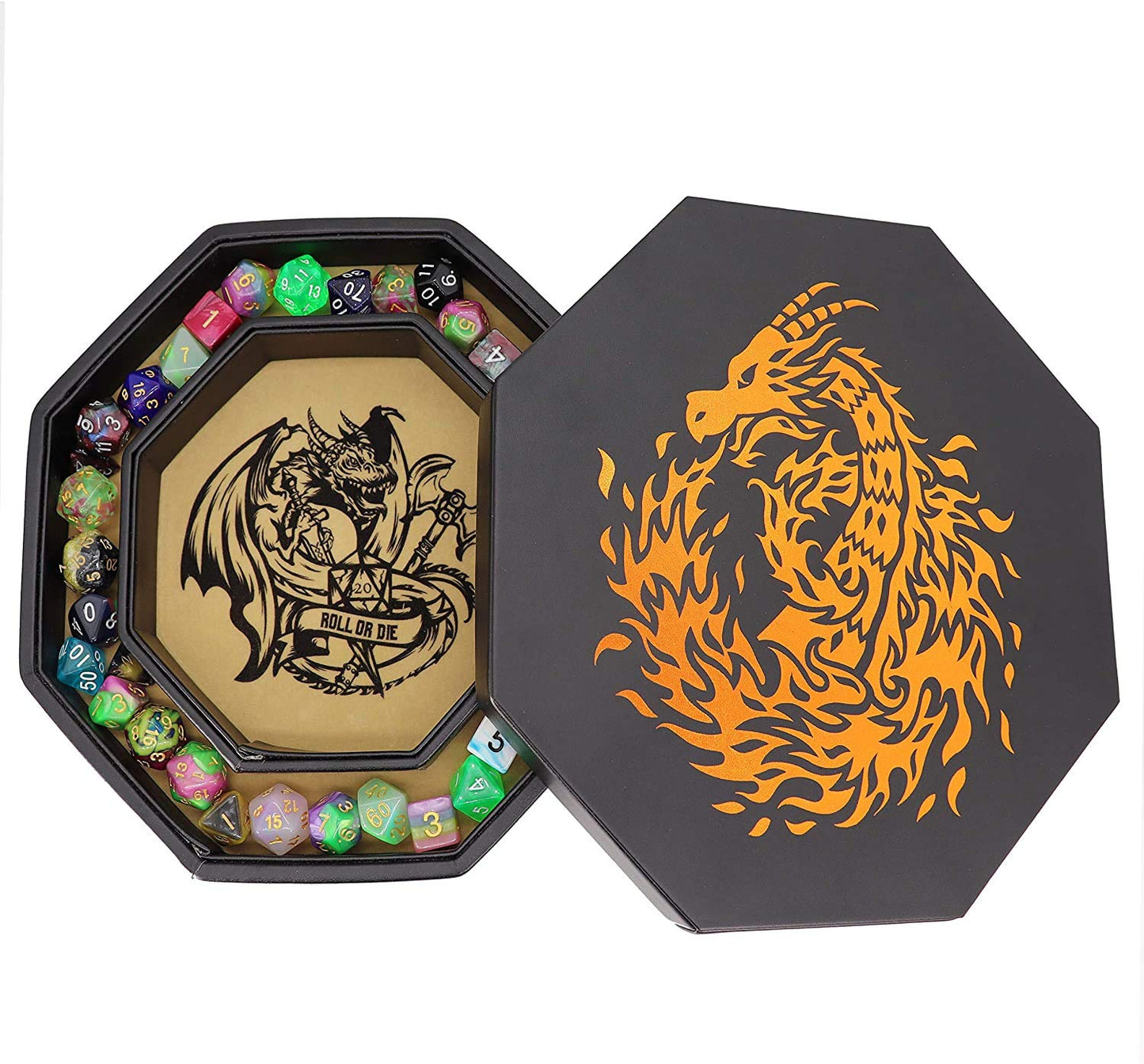 Fantasydice-Chromatic Dragon -with Roll or Die Artwork Dice Tray - 8'' Octagon with Lid and Dice Staging Area- Holds 5 Sets of D